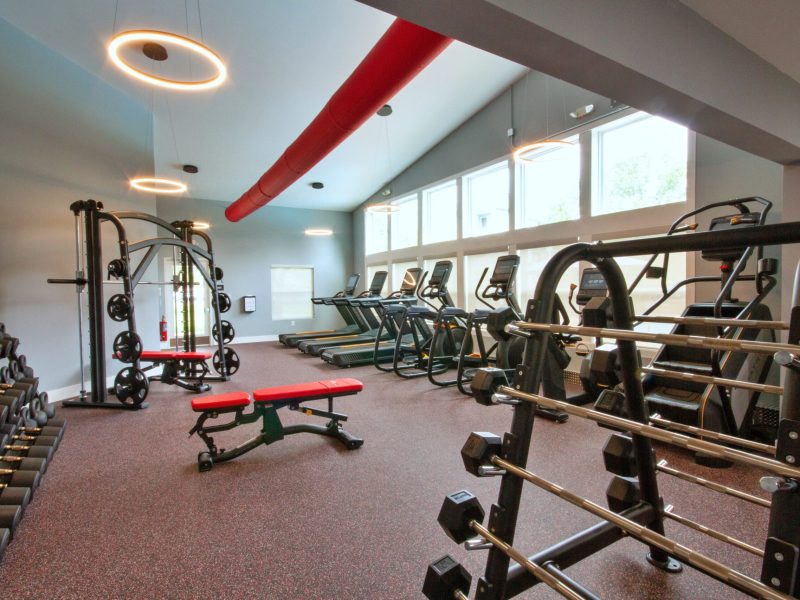 A wider view of the athletics club showing barbells, dumbbells, benches, cardio equipment, and workout stations.