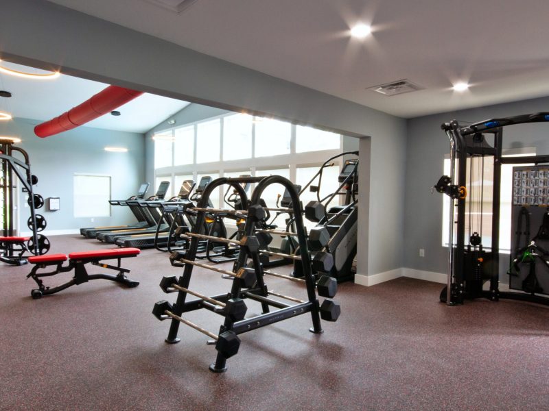 a picture showing the workout athletic club with free-weights, treadmills, and workout stations