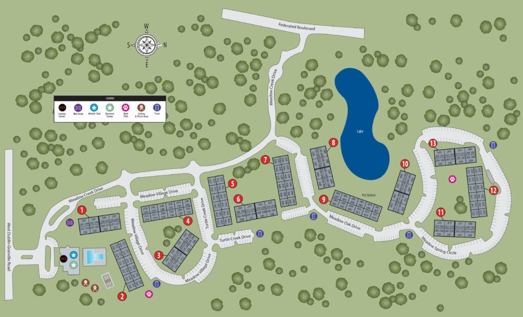 TGM Meadow View campground map with cabins, roads, and pond.